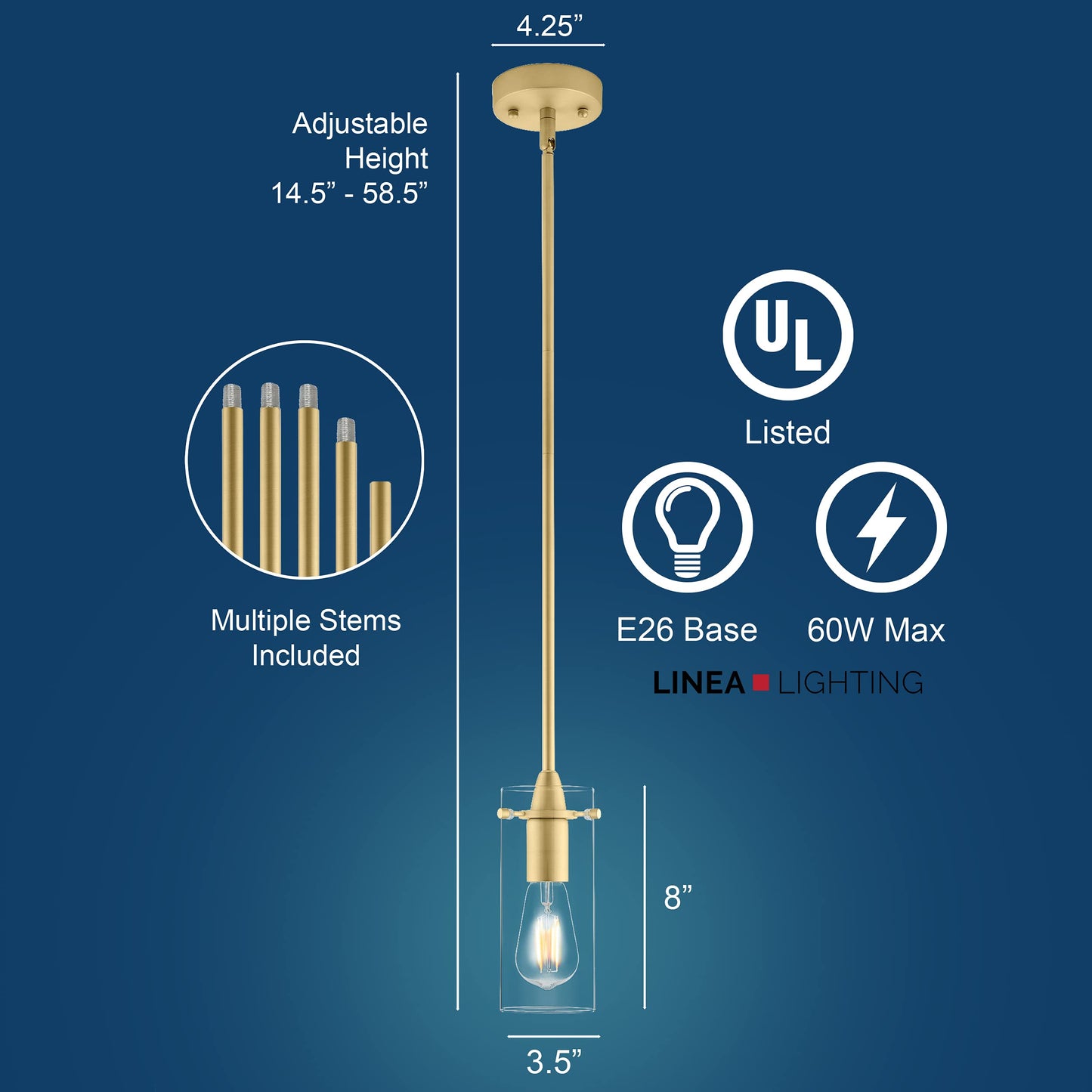 Linea di Liara Modern Gold Pendant Light Fixture, Small, Glass Shade, Model LL-P311-SB
