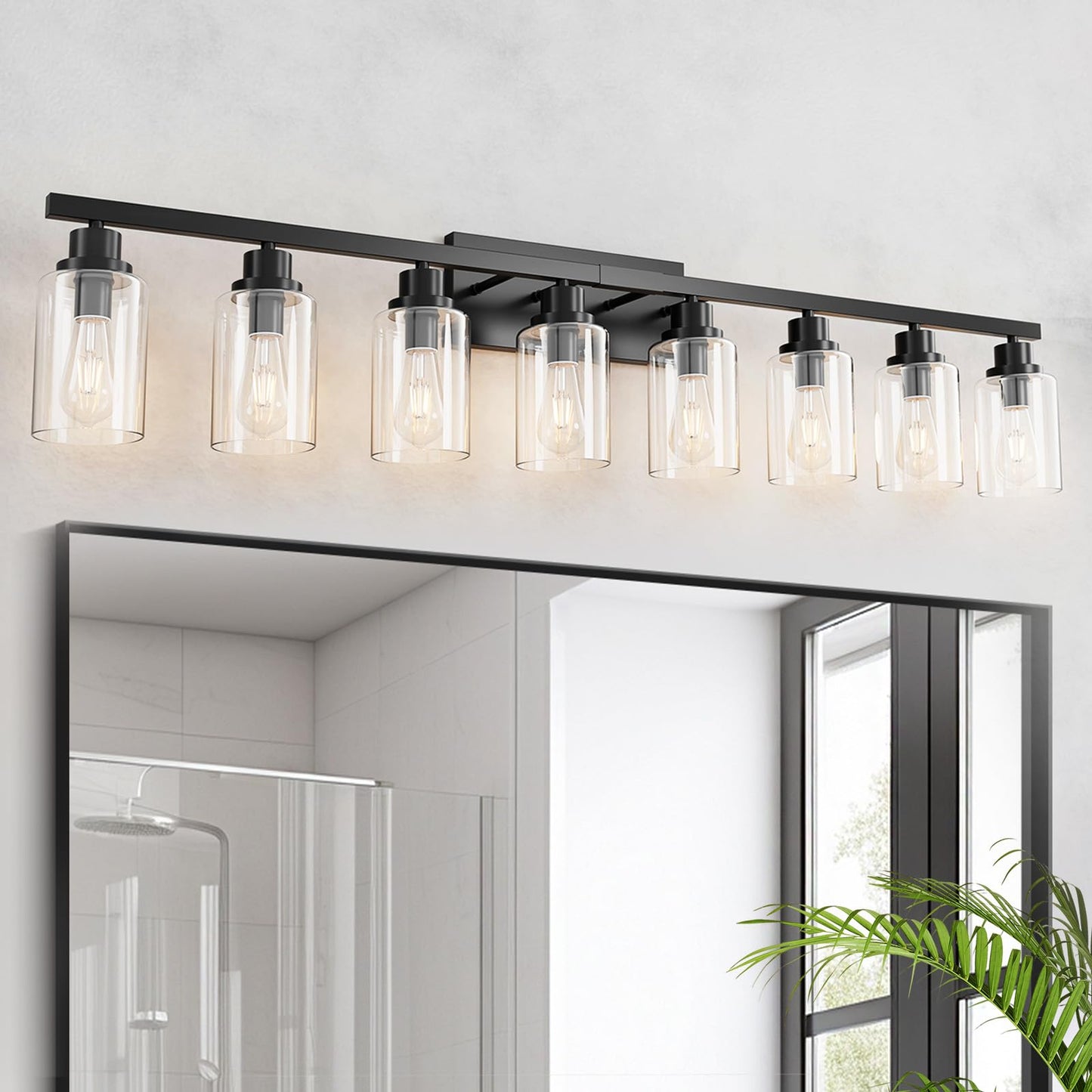 Hccz 8 Light Black Bathroom Vanity Light Fixture  Long Farmhouse Vanity Lights Over Mirror Modern Large Bathroom Lighting Wall Light With Clear Glass Globe For Mirror Living Room Bedroom