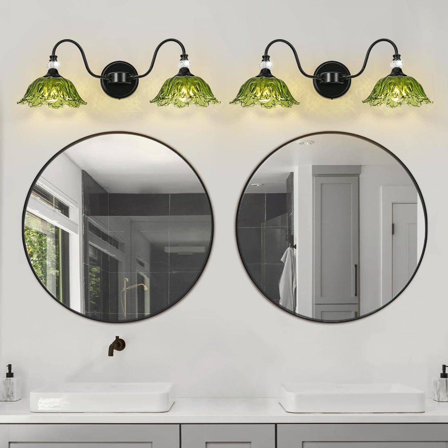Sunkryster Black Bathroom Vanity Light  2-Light Vanity Light With Floral Green Glass Shades Vintage Farmhouse Wall Mount Lighting For Bathroom  Dressing Table