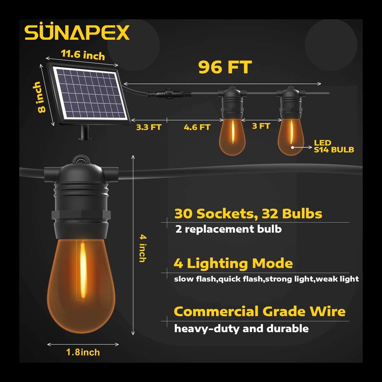 SUNAPEX Solar String Lights Outdoor Waterproof 96FT with Shatterproof Edison Bulbs Yellow 2700K