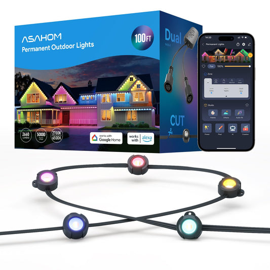 Asahom Ai Permanent Outdoor Lights S107B  100Ft With 72 Rgbcw Led Lights And Dual Output  30 000 Lighting Effect Combination  Ip67 Waterproof For House Halloween Christmas And Daily Decoration  Black