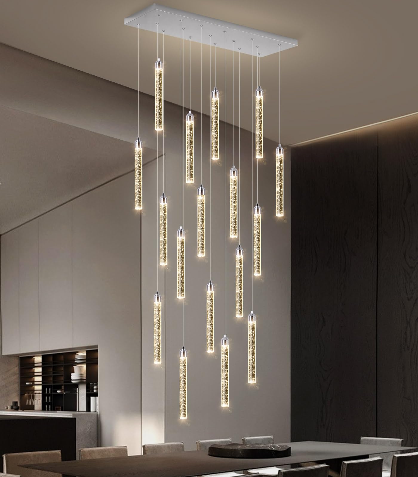 Rectangular Chandeliers 17-Lights Long Light For Entryway Led Dimmable Chandeliers Lighting Fixture Flat Sloped High Ceiling Pendant Lights Crystal For Living Room Foyer Hallway Staircase Silver
