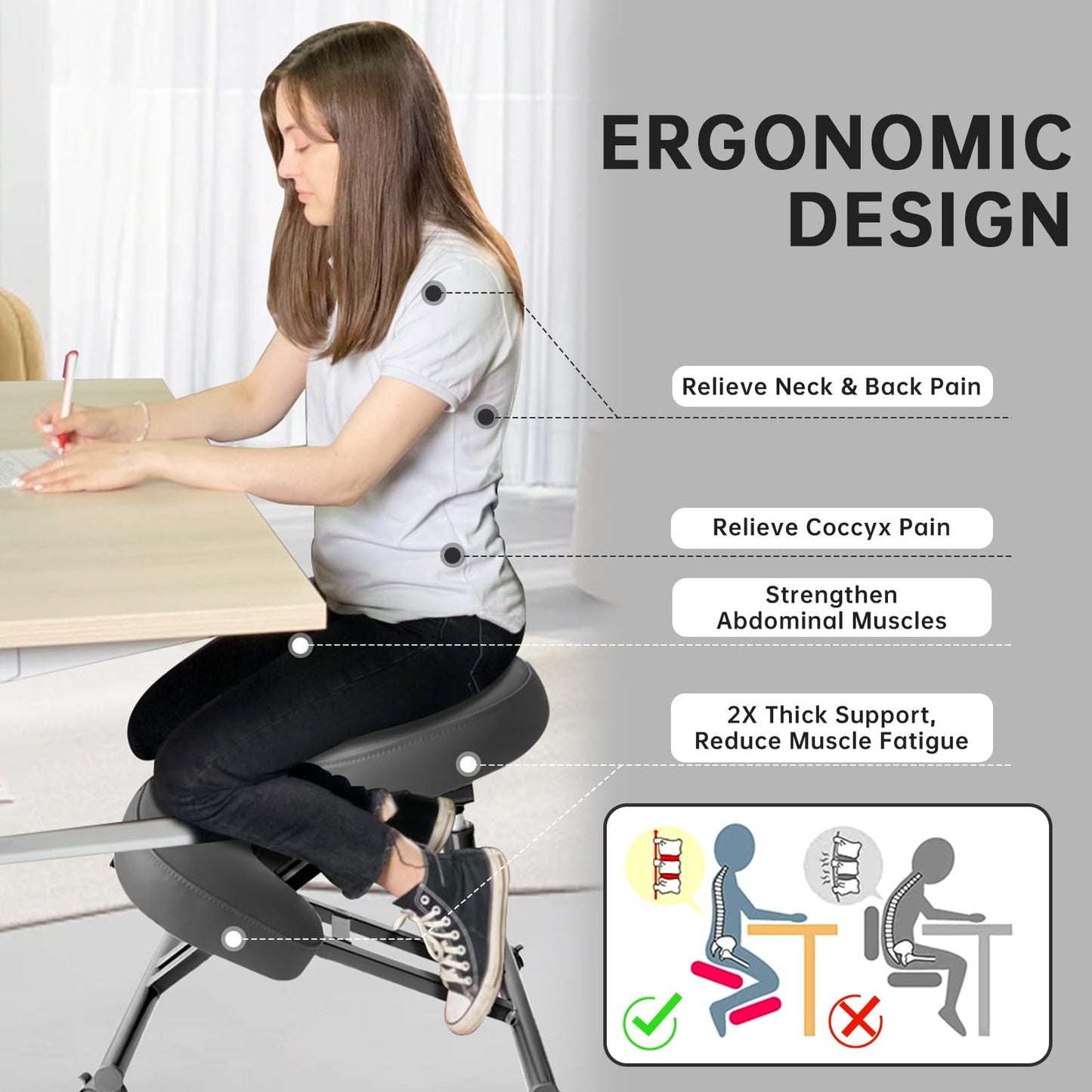 PU Leather Ergonomic Kneeling Chair, Adjustable Home and Office Stool with Thick Pads and Flexible Lockable Brake Wheels for Back Pain Relief（Dark Gray）