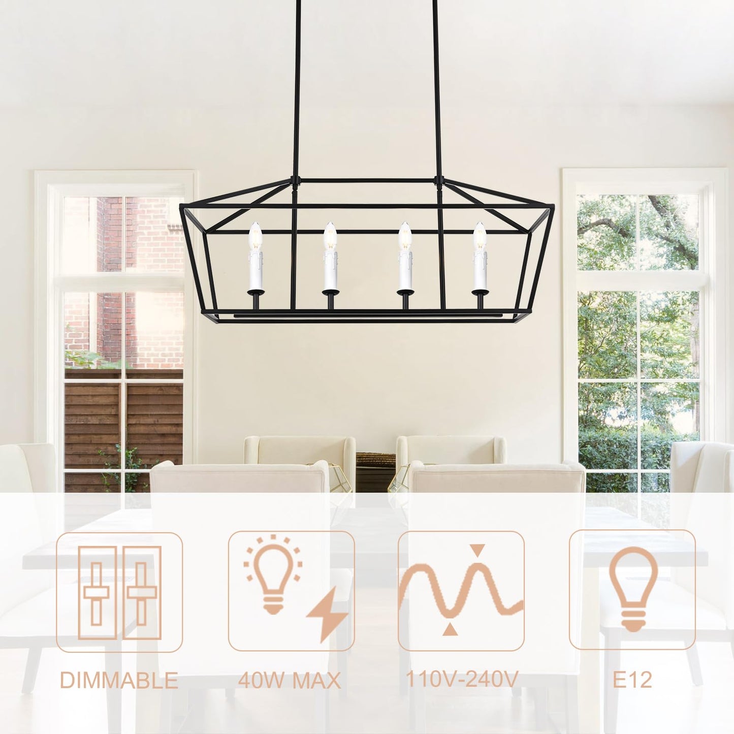 Winshen 4-Light Kitchen Island Lighting  Modern Black Dining Room Chandelier Over Table Pendant Light Fixture  E12 Bulb Base