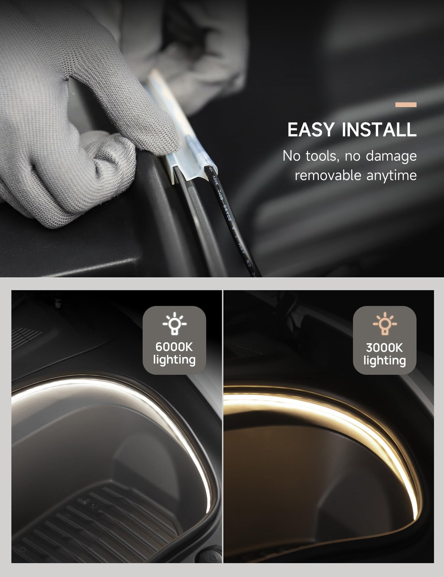 Tparts Frunk Led Strip For Tesla Model 3 Highland 2024 2025+ Flexible Silicone Waterproof Interior Lighting Bar  Easy Installation Model 3 Front Trunk Accessories Ambient Lights(Cool White Light)