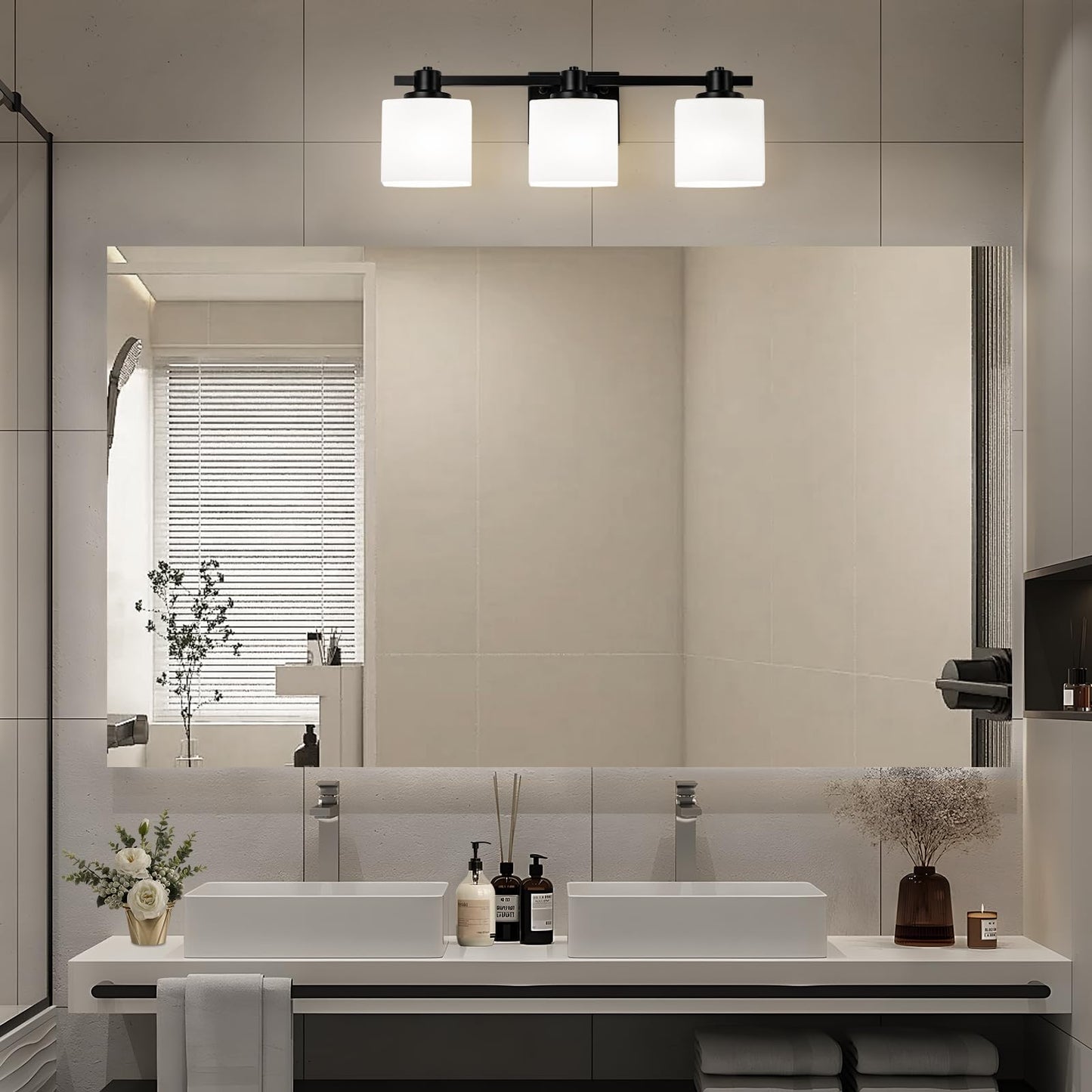 24 Inch Black Bathroom Light Fixtures Over Mirror 3 Light Matte Black Vanity Light Milk Glass Makeup Shower Lamp Small Farmhouse Wall Sconce Modern Desk Vintage Rustic Bath Above Sink Lighting
