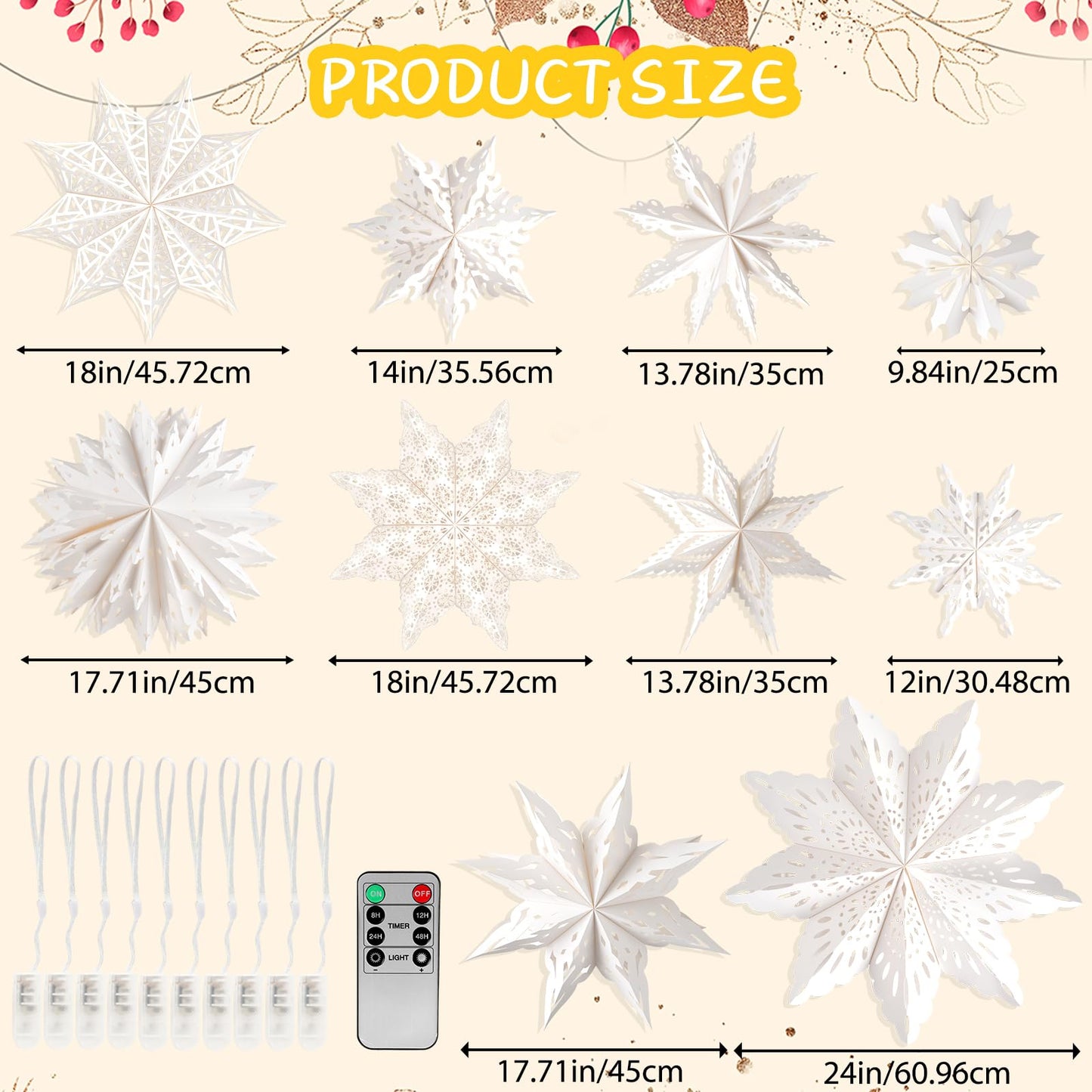 10 Pcs Christmas Paper Snowflake Lanterns  Large Christmas Paper Star Lanterns With Led Lights White Hanging Snowflake Lamp Ornaments For Xmas Winter Frozen Weddings Birthday Holiday Party Decorations