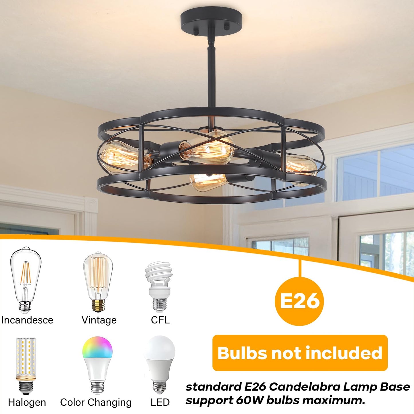 Black Semi Flush Mount Ceiling Lights  Sloped Dining Room Light Fixture Farmhouse Chandelier  Kitchen Island Pendant Lighting Adjustable Height For Entryway Hallway Foyer