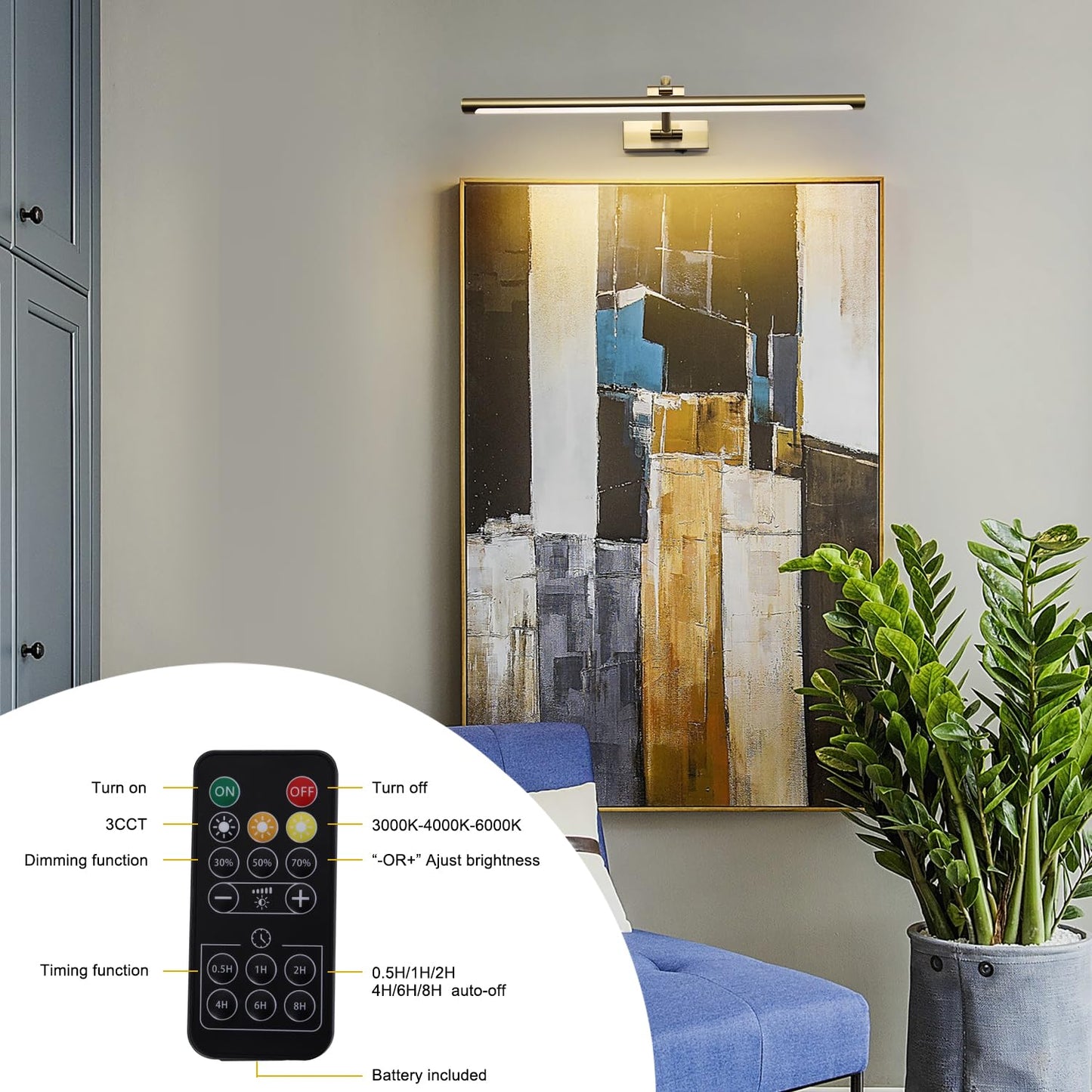 Yumcrelect 5W Led Wireless Picture Lights With Remote And Timer 23.6 Inch Rechargeable Brass Gallery Lighting Battery Operated Art Lights Over Frame Portrait