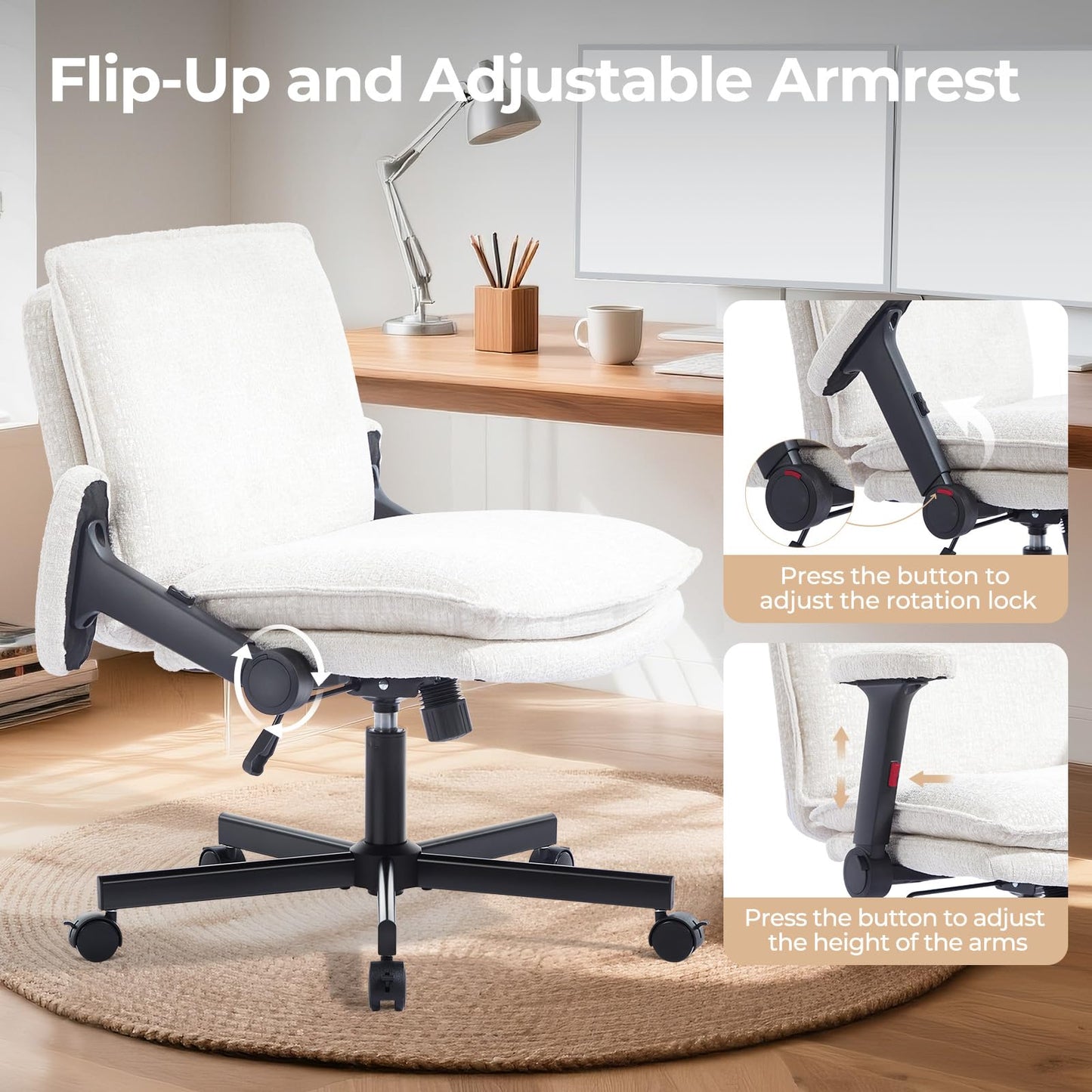 Morkprism Criss Cross Chair with Flip-Up Arms and Lockable Wheels, Plush Fabric Cross Legged Office Desk Chair，Wider 125°Tilting Adjustable Swivel Chai r for Home, Apartment, Bedroom,Pearl White
