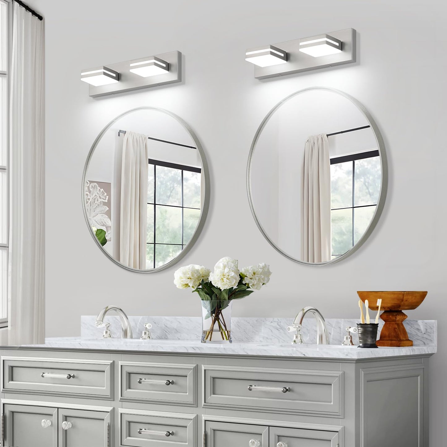 Sinerise Led Modern Bathroom Vanity Light Fixtures (2-Light  15.5-Inch  Dimmable)  Brushed Nickel Modern Acrylic Bathroom Wall Lighting Fixtures Over Mirror (Cool White 6000K)