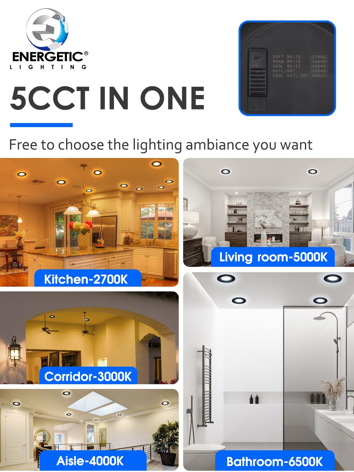12 Pack 5/6 Inch 5Cct Black Led Recessed Lighting Retrofit  2700K/3000K/4000K/5000K/6500K Selectable  Dimmable Can Lights With Baffle Trim  12W=150W  High Brightness 1000Lm  Wet Rated  Etl Certified