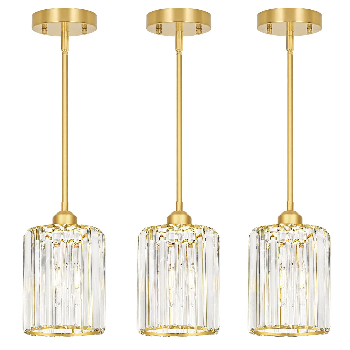 Lxybcce Gold Kitchen Pendant Lights Over Island With Adjustable Rods - Crystal Pendant Lighting Fixtures 3 Pack  Ideal Over Dining Table Or Bar  E26 Bulb Compatible  No Electrician Needed