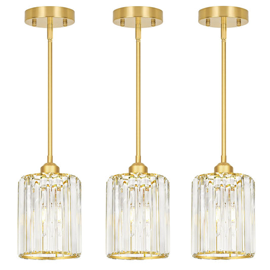 Lxybcce Gold Kitchen Pendant Lights Over Island With Adjustable Rods - Crystal Pendant Lighting Fixtures 3 Pack  Ideal Over Dining Table Or Bar  E26 Bulb Compatible  No Electrician Needed