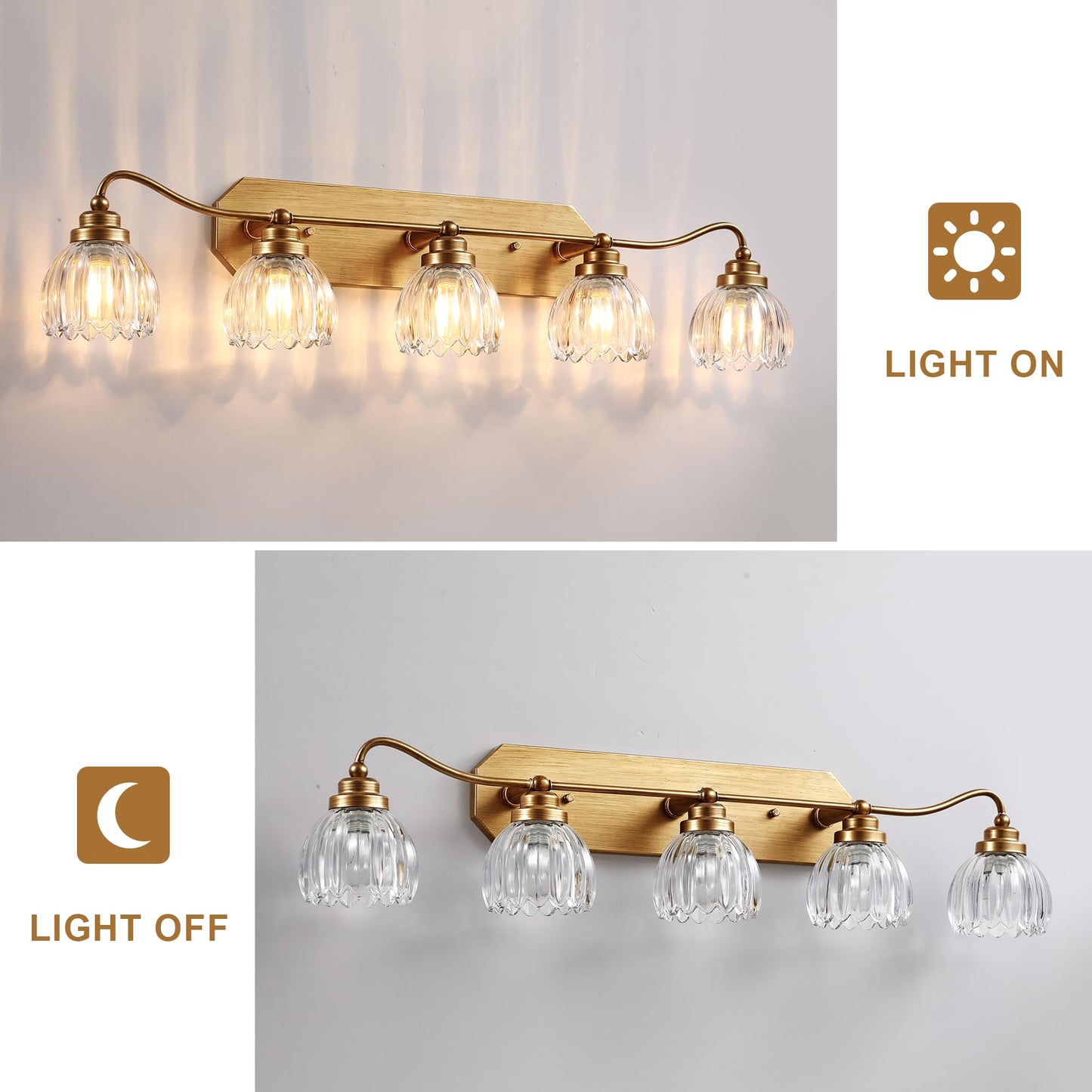Vintage Bathroom Light Fixtures  5 Light Gold Bathroom Vanity Light  Matte Antique Brass Finish With Crystal Glass Shade  Wall Sconces Lighting For Bedroom  Living Room  Hallway