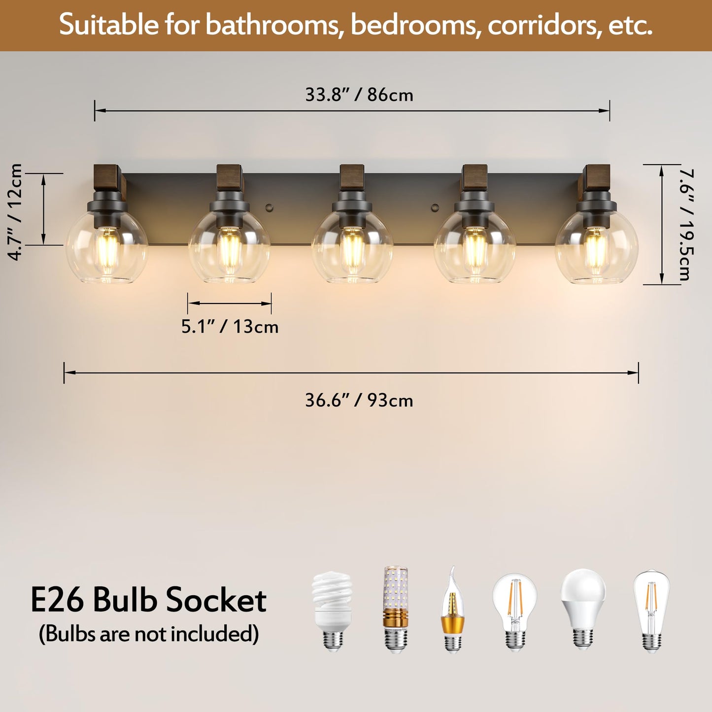 Farmhouse Bathroom Vanity Light Fixtures  5-Light Wood Bathroom Light Fixtures Over Mirror  Rustic Sconces Wall Lighting With Glass Shade For Living Room  Bedroom  Hallway