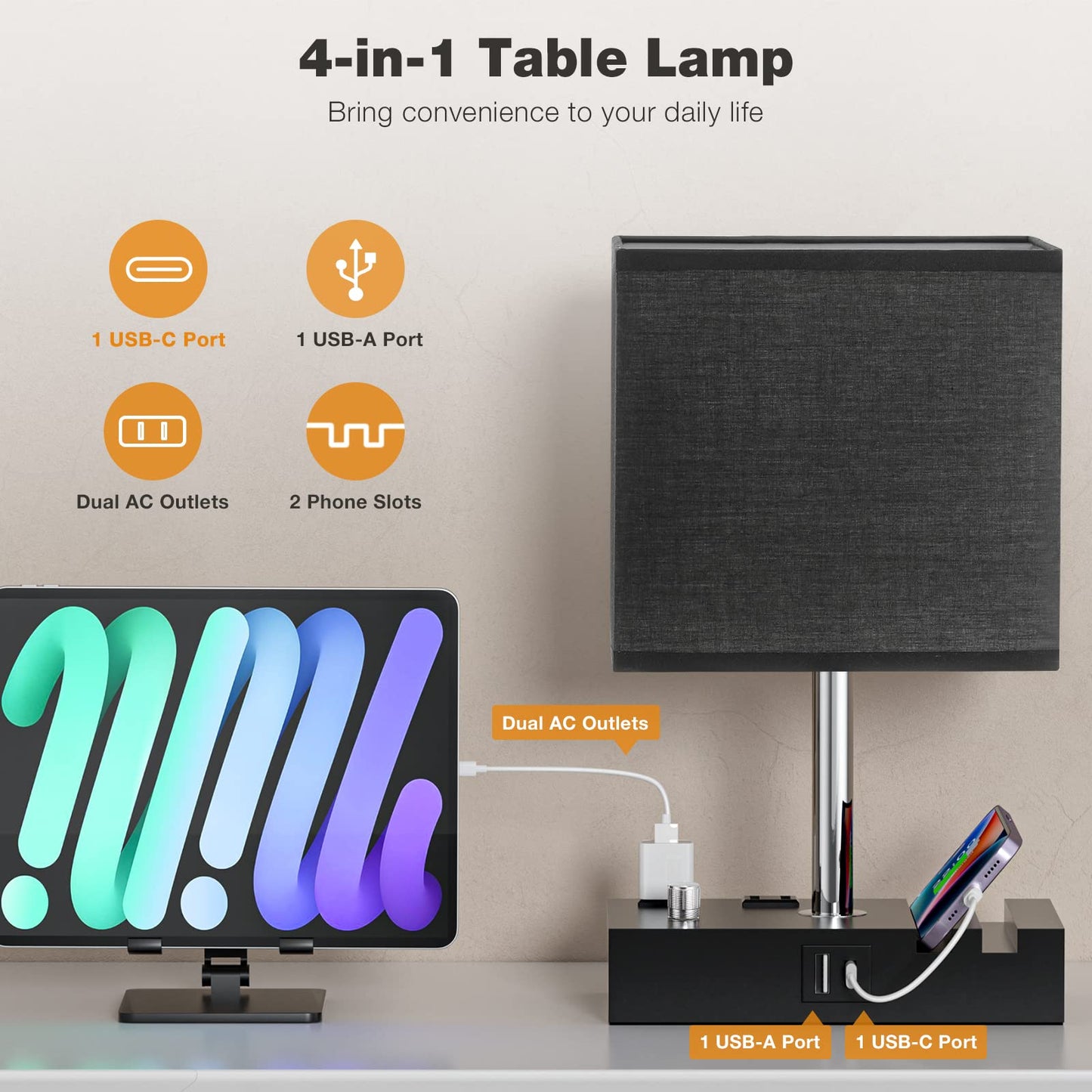 Kakanuo Bedside Lamps Set of 2, Fully Dimmable with USB C Ports, Black Lampshade, Wooden Desk Lamp for Nightstand and Living Room