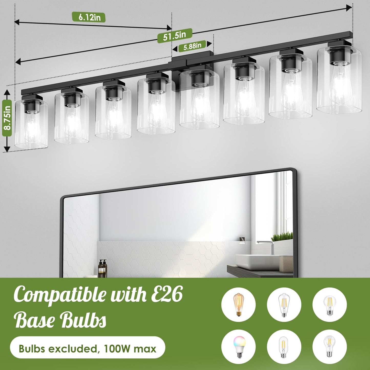 Beslowe 51 8-Light Bathroom Light Fixture  Modern Black Vanity Light  Bathroom Lighting Fixtures Over Mirror  Matte Black Bathroom Wall Lamp  Wall Lights For Living Room Bedroom Hallway