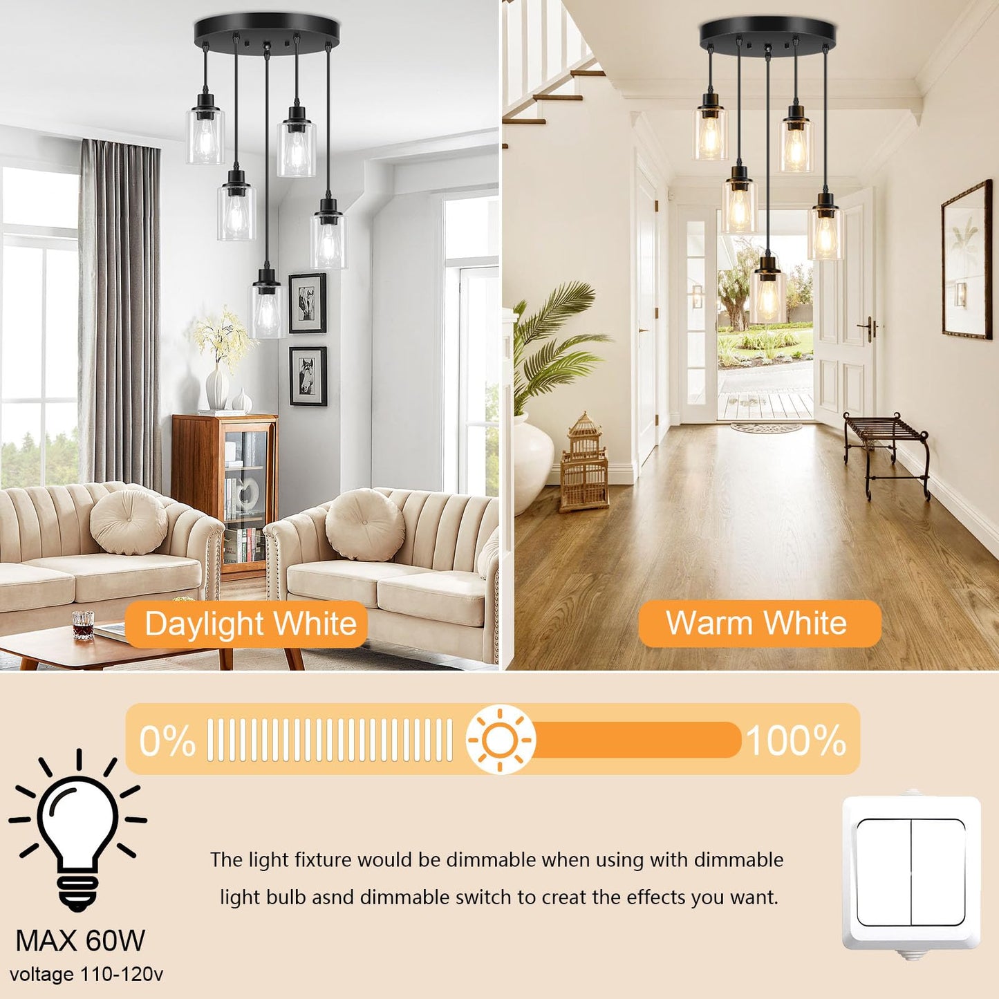 Licperron 5-Light Pendant Light Fixtures With Clear Glass Shades  Black Adjustable Kitchen Island Hanging Ceiling Light Fixtures  Modern Pendant Lighting E26 Base For Dining Room  Hallway  Living Room