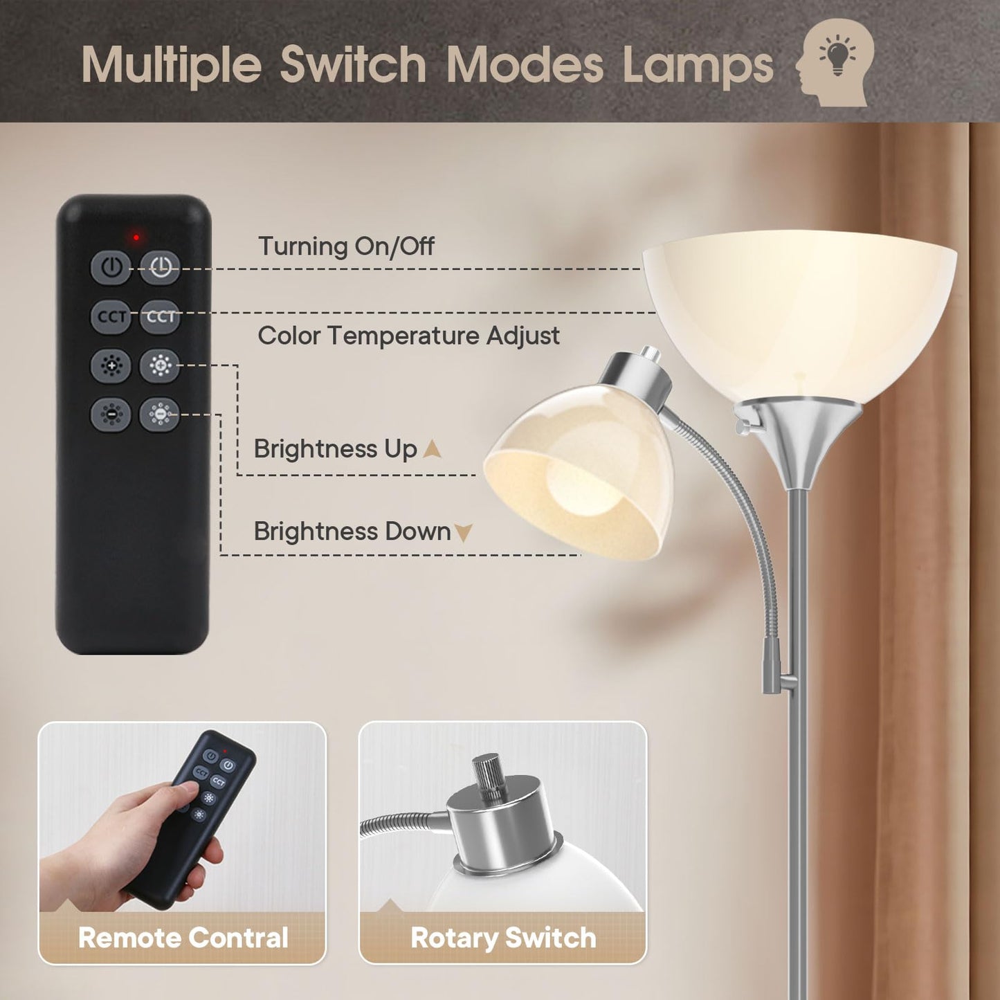 GERGO Floor Lamp with Remote Control, LED Torchiere, 4 Color Temperatures, Brushed Nickel