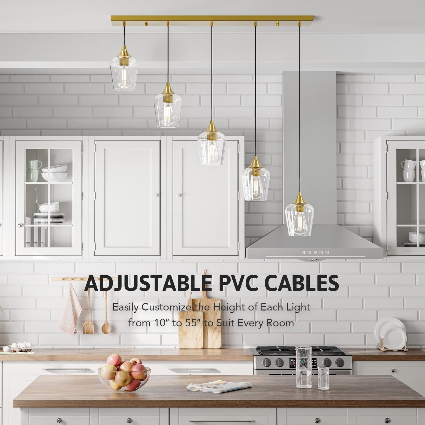 Vonluce 5-Light Pendant Light Kitchen Island  Pendant Light Fixture With 10-55 Height  Modern Pendant Lighting With Wine Glass Shades For Living Room Hallway  Brushed Gold  Etl Certificated