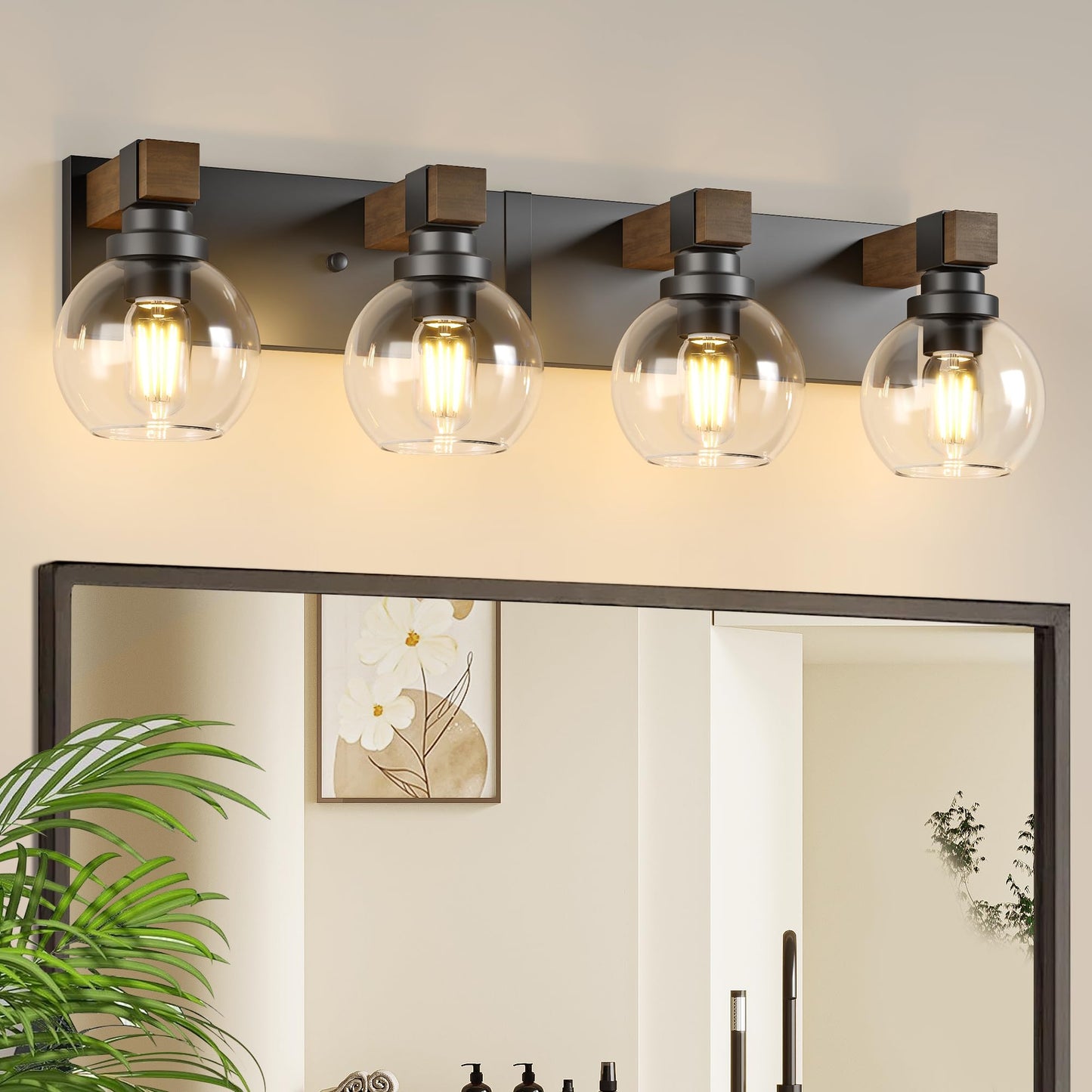 Farmhouse Bathroom Vanity Light Fixtures  4-Light Wood Bathroom Light Fixtures Over Mirror  Rustic Sconces Wall Lighting With Glass Shade For Living Room  Bedroom  Hallway