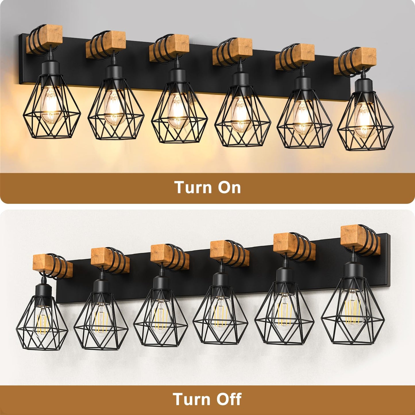 Izorro Farmhouse Bathroom Vanity Light Fixtures  6-Light Wood Bathroom Lighting Fixtures Over Mirror  Black Rustic Industrial Sconces Wall Lights With Metal Lampshade For Living Room  Bedroom