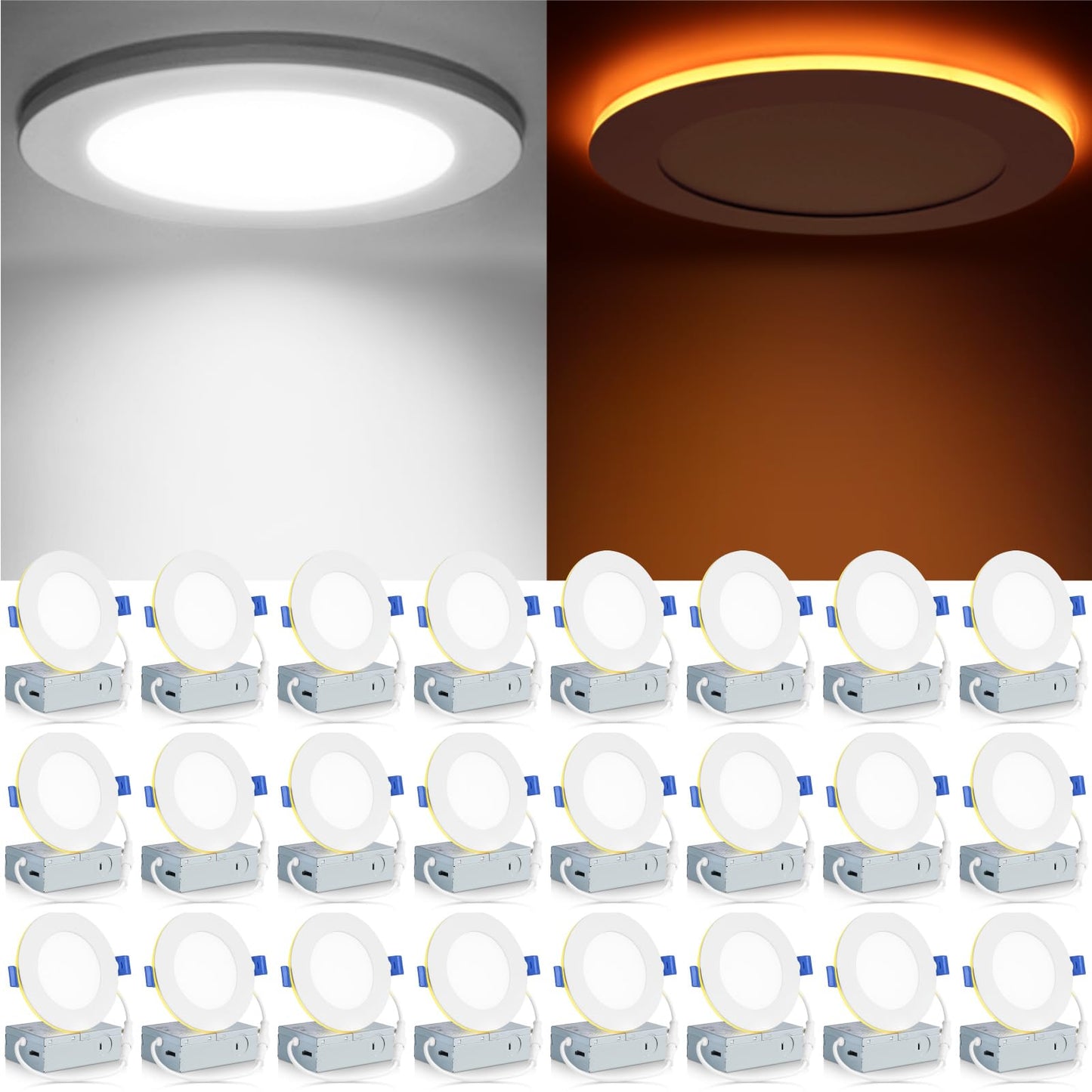 Meconard 24 Pack 4 Inch 5Cct Led Recessed Ceiling Light With Night Light  2700K/3000K/3500K/4000K/5000K Selectable Ultra-Thin Recessed Lighting  9W=75W  750Lm  Dimmable Canless Wafer Downlight Etl&Fcc