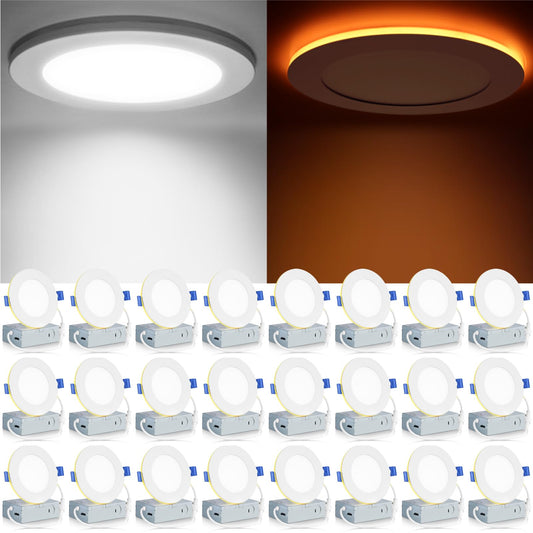 Meconard 24 Pack 4 Inch 5Cct Led Recessed Ceiling Light With Night Light  2700K/3000K/3500K/4000K/5000K Selectable Ultra-Thin Recessed Lighting  9W=75W  750Lm  Dimmable Canless Wafer Downlight Etl&Fcc