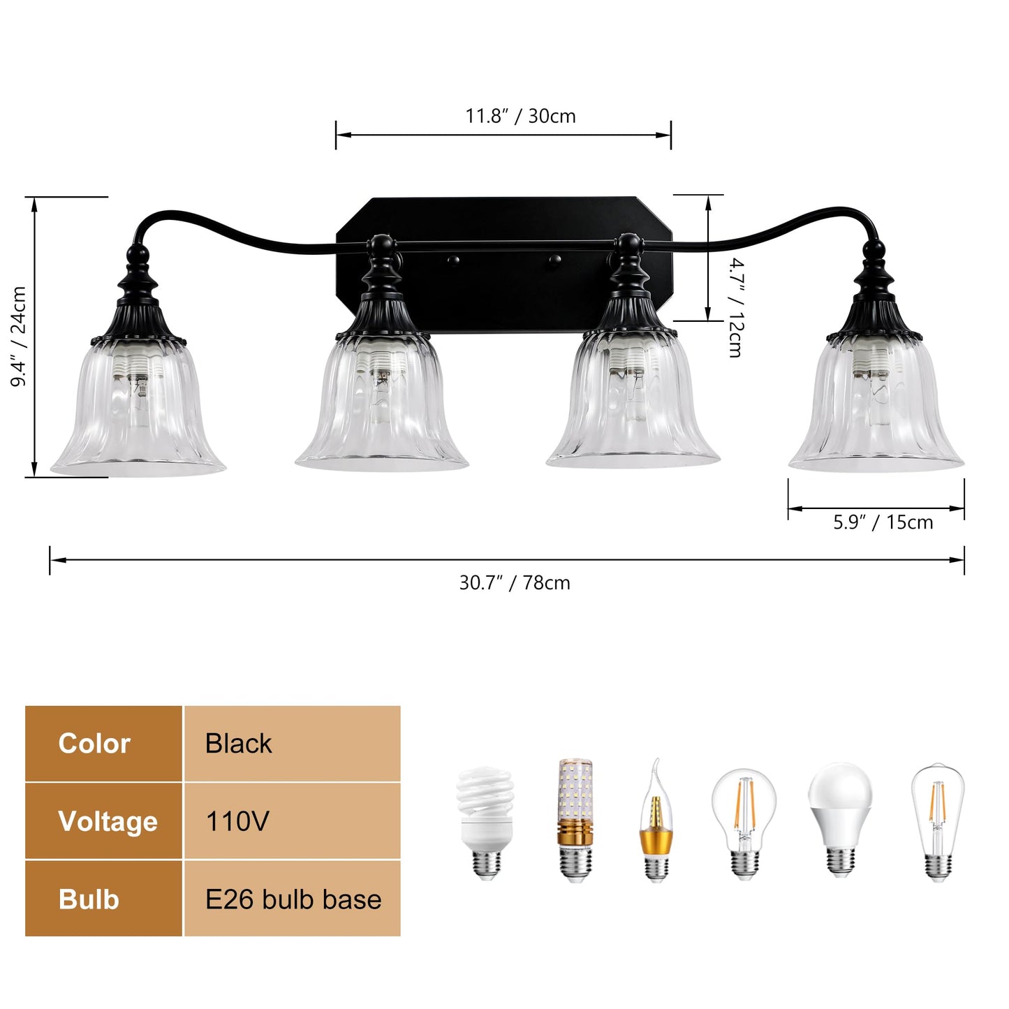 Bathroom Vanity Black Vintage Light Fixture  4 Lights Bathroom Lighting Matte Antique Brass Finish With Crystal Glass Shade  Black Vintage Vanity Light For Bathrooms