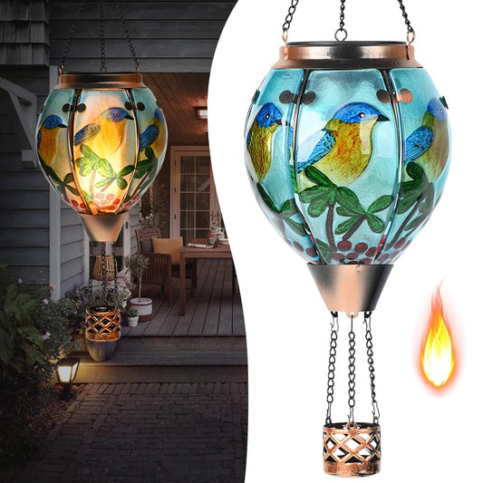 Hot Air Balloon Solar Lantern - Bluebird Glass Lantern  Simulated Flickering & Dancing Flame  Outdoor Hanging Yard Light Waterproof Ip65 For Patio Lawn Porch Decor Gift