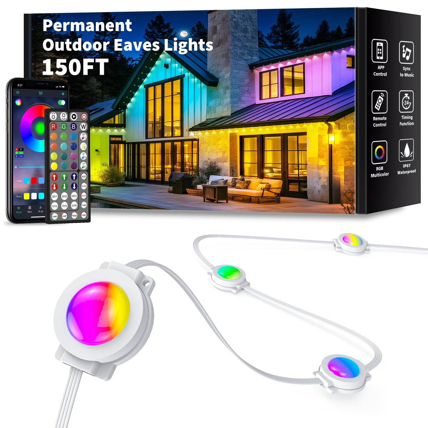 Yibulayin 150Ft Permanent Outdoor Lights Waterproof  Smart Rgb Eaves Lights With App/Remote Control  Diy Scene Modes  Led Outdoor Lighting For Christmas Holidays Daily Party House Roof Lighting