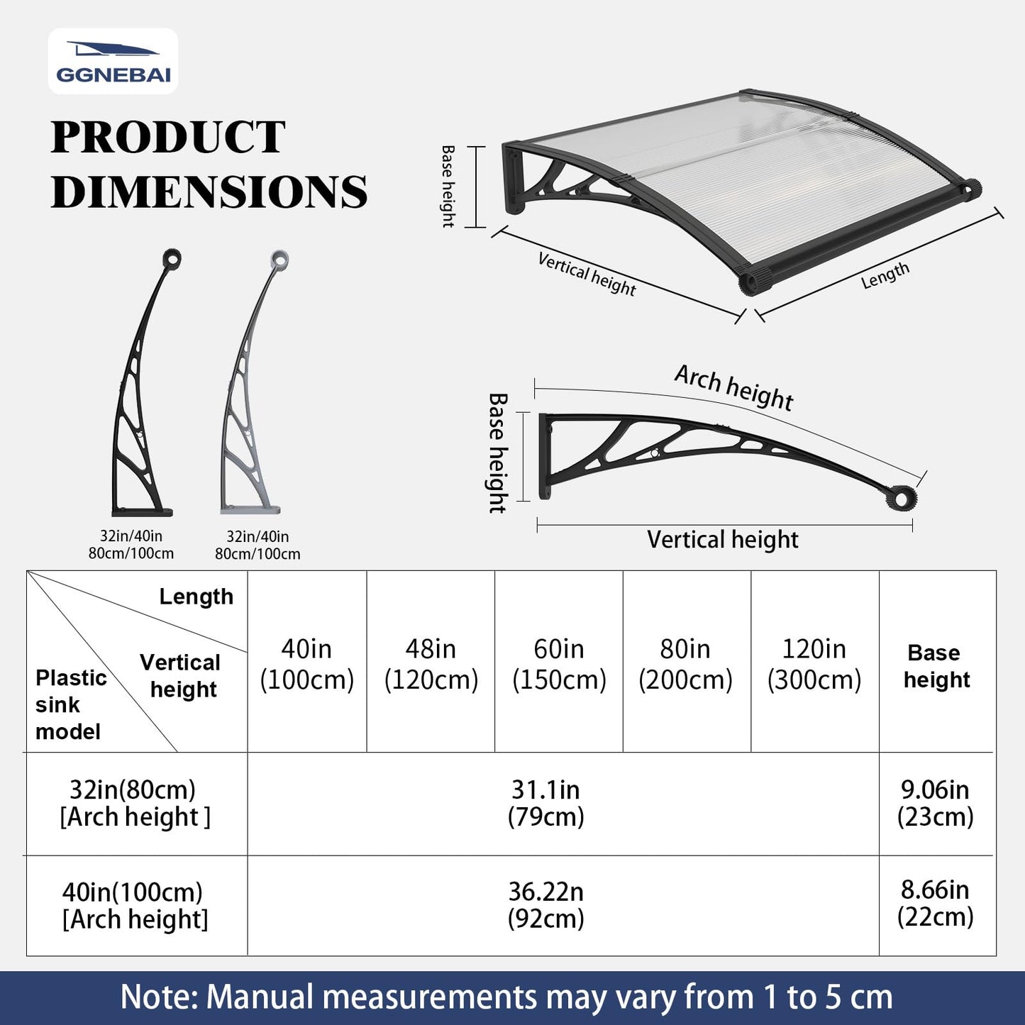 Awning for Door Entrance with Drainage Sink,40x60 Inch Awnings for Doors,Window Canopy Exterior with Plastic Steel Bracket,Polycarbonate Cover,UV,Rain,Snow Protection for House,Porch,Patio,Deck