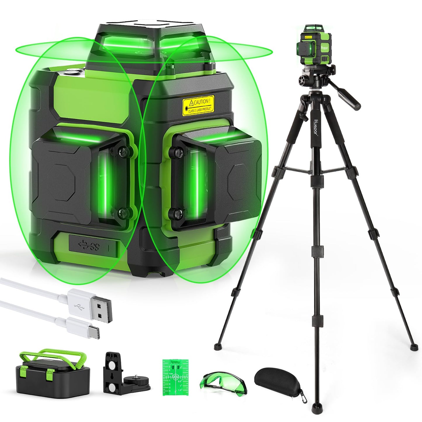 Huepar Laser Level 360° with Tall Tripod, Self Leveling Rechargeable Lazer Leveler for Construction and Picture Hanging, Nivel Laser with Pluse Mode for Outdoor, Hard Carry Case, 50" Tripod, Glasses