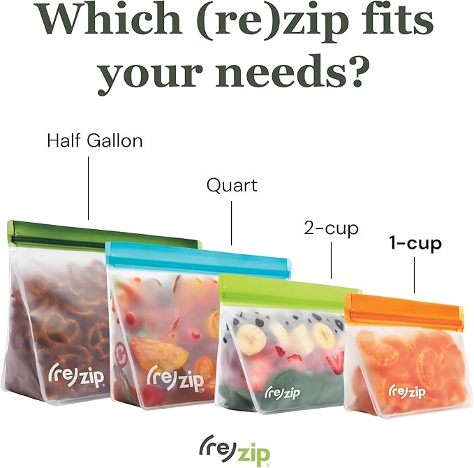 (re) zip 5-pack Stand-Up Reusable Bags | BPA-Free, Food Grade, Leakproof, Freezer and Dishwasher Safe | 5 Snack-Size Bags (1-Cup / 8-Oz) | Multicolor for Easy Organization