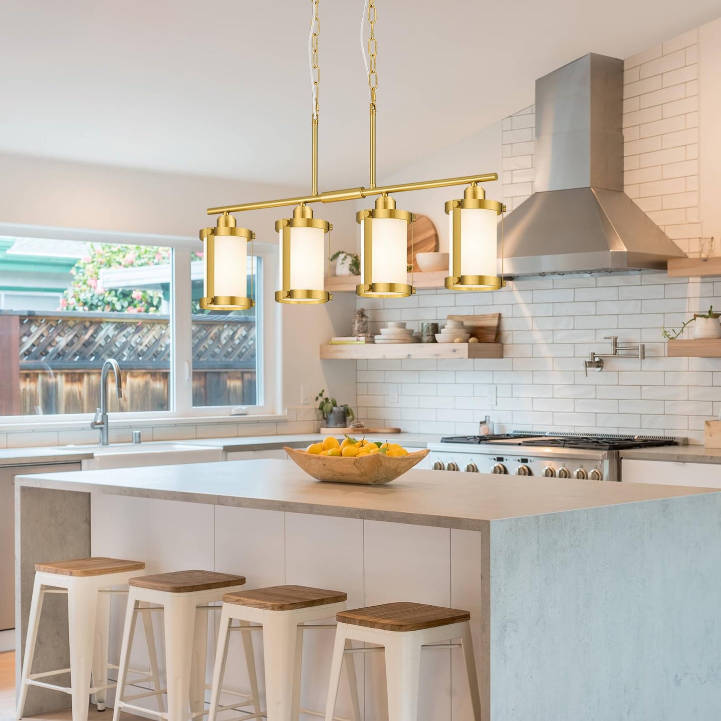 Osimir 4-Light Kitchen Island Lighting  Brushed Gold Linear Dining Room Light Fixtures With Frosted Glass  Modern Mid Century Chandelier Pendant Light For Kitchen Island Dining Room  Os-3014-4Isbgw