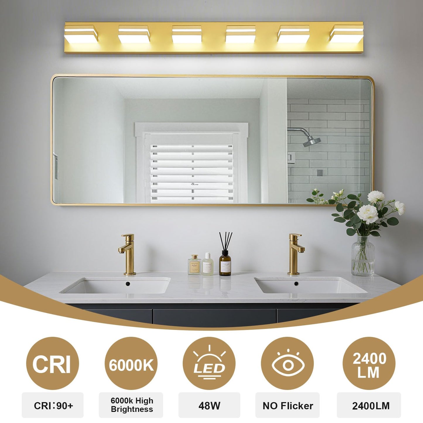 Jzekvn Modern Led Bathroom Lights Fixtures(6-Light) Metal Gold Acrylic Wall Lighting Vanity Lights For Bathroom Over Mirror(6000K 41In