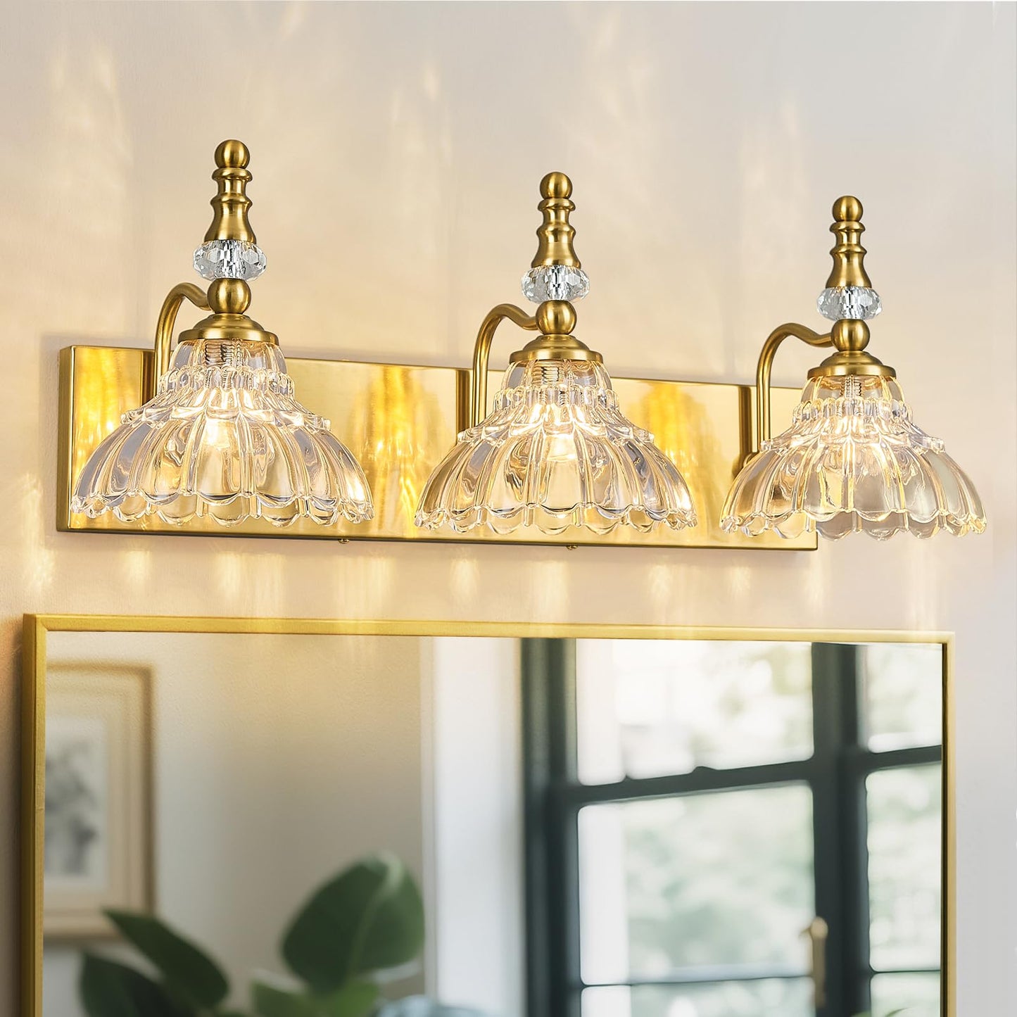 Lbsqj Vintage Bathroom Vanity Light  3-Light Gold Vanity Lighting Fixture With Flower Glass Shade  Bathroom Lighting Fixtures Over Mirror