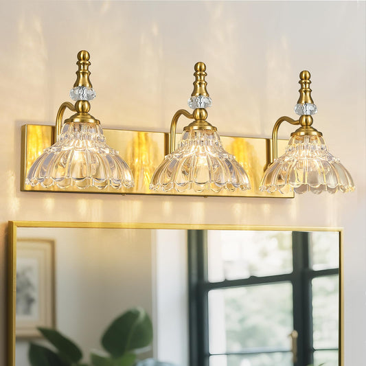Lbsqj Vintage Bathroom Vanity Light  3-Light Gold Vanity Lighting Fixture With Flower Glass Shade  Bathroom Lighting Fixtures Over Mirror