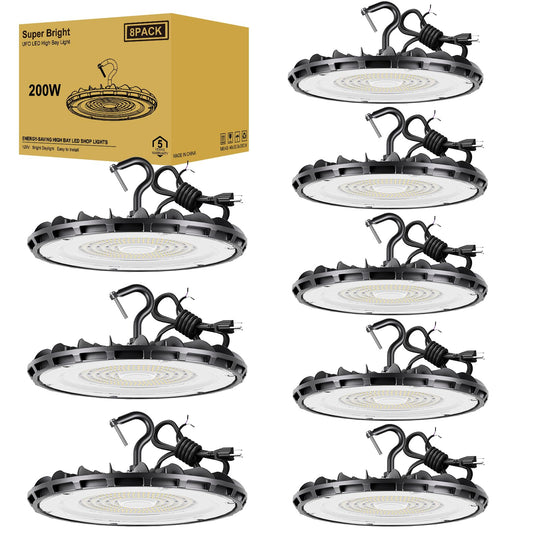 Jc-Lgl Ufo Led High Bay Light 200W 8Pack  High Bay Led Shop Lights 5000K 22 000Lm With Us Plug  Hanging Hook  Safe Rope  Waterproof Commercial Bay Lighting For Warehouse Factory Barn Shop - Ul Listed