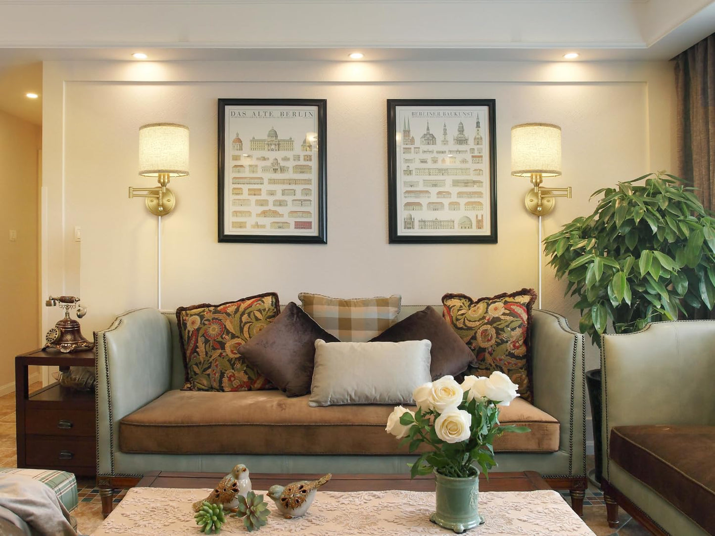 Goodate Plug In Wall Sconces With Remote Control  Dimming & Adjustable Colors 2700K-6500K  Hardwire Or Plug-In  Swing Arm Wall Lamp With Linen Fabric Shade  Wall Sconces Set Of Two  Gold Finish