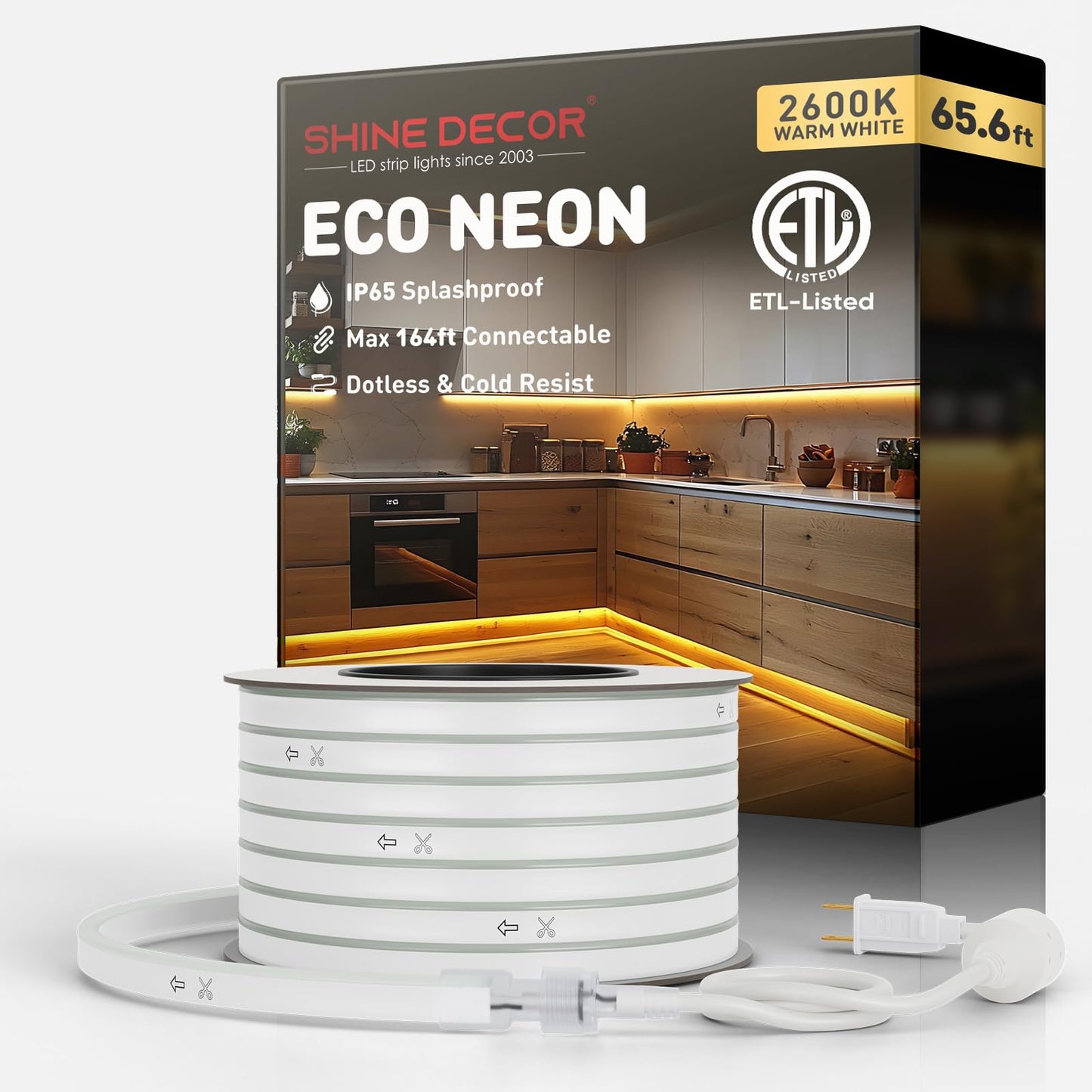 Shine Decor LED Neon Rope Lights, 65.6FT, Warm White, Waterproof PVC, Connectable for Home & Commercial Use