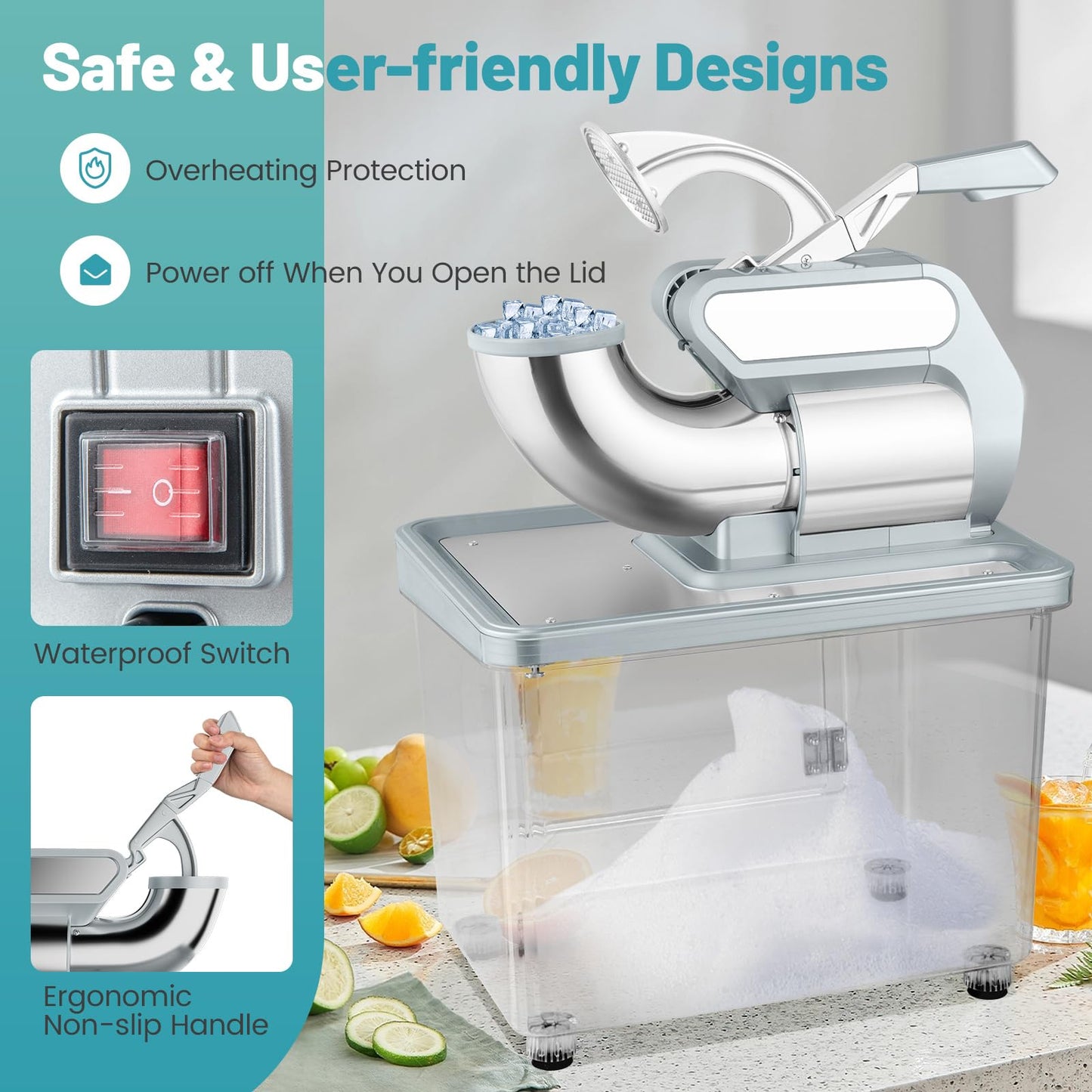 ARLIME Snow Cone Machine, 660 LBS/H 300W Electric Ice Crusher w/Dual Blades & Safety On/Off Switch, ETL-Approved Stainless Steel Commercial Shaved Ice Machine for Home Restaurant Bar, 37L (Grey)