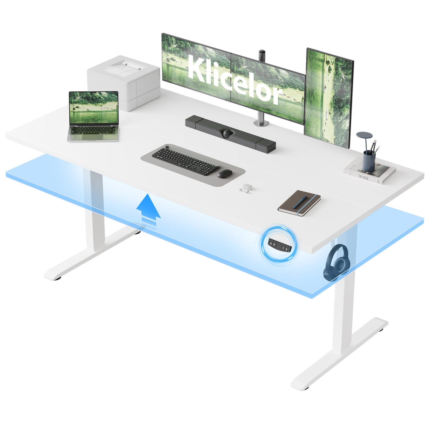 Klicelor 60 Inch Large Electric Standing Desk, Height Adjustable Office Desk, Sit Stand Up Computer Gaming Desk with Memory Preset, Two-Piece Desktop, White