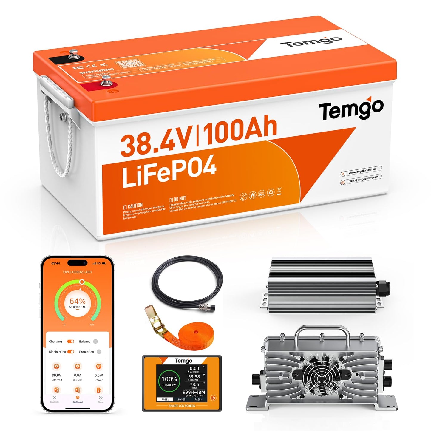 36V (38.4V) 100Ah LiFePO4 Lithium Golf Cart Battery, Built-in 200A BMS, Complete Upgrade Kit with Charger, LCD Display, Voltage Converter, Retention Strap & App, 5000+ Cycles