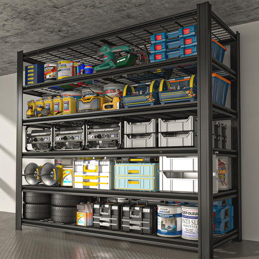 SYLOUGH Extra Large/Big 55.12"W Father&I Industrial 6-Heavy-Dudy-Shelf-Rack Utility Tall Garage/Warehouse Shelving Metal/Steel Storage Shelves Unit/System Adjustable for Bin/Shed, 84"*55.12*24", Black