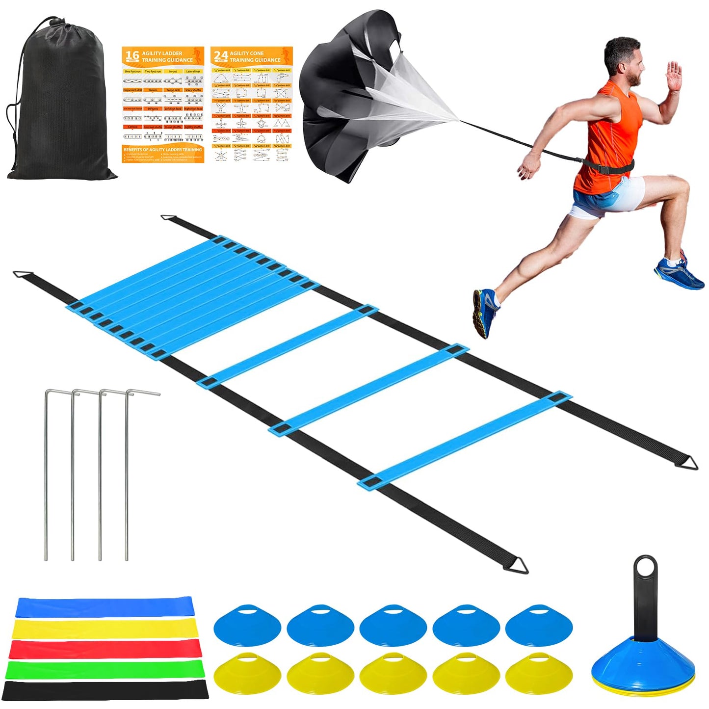 Speed Agility Training Equipment Set - 20ft Agility Ladder, 10 Disc Cones, Resistance Parachute, 5 Resistance Bands & Carry Bag | Football Soccer Basketball Fitness Drills for Kids Adults