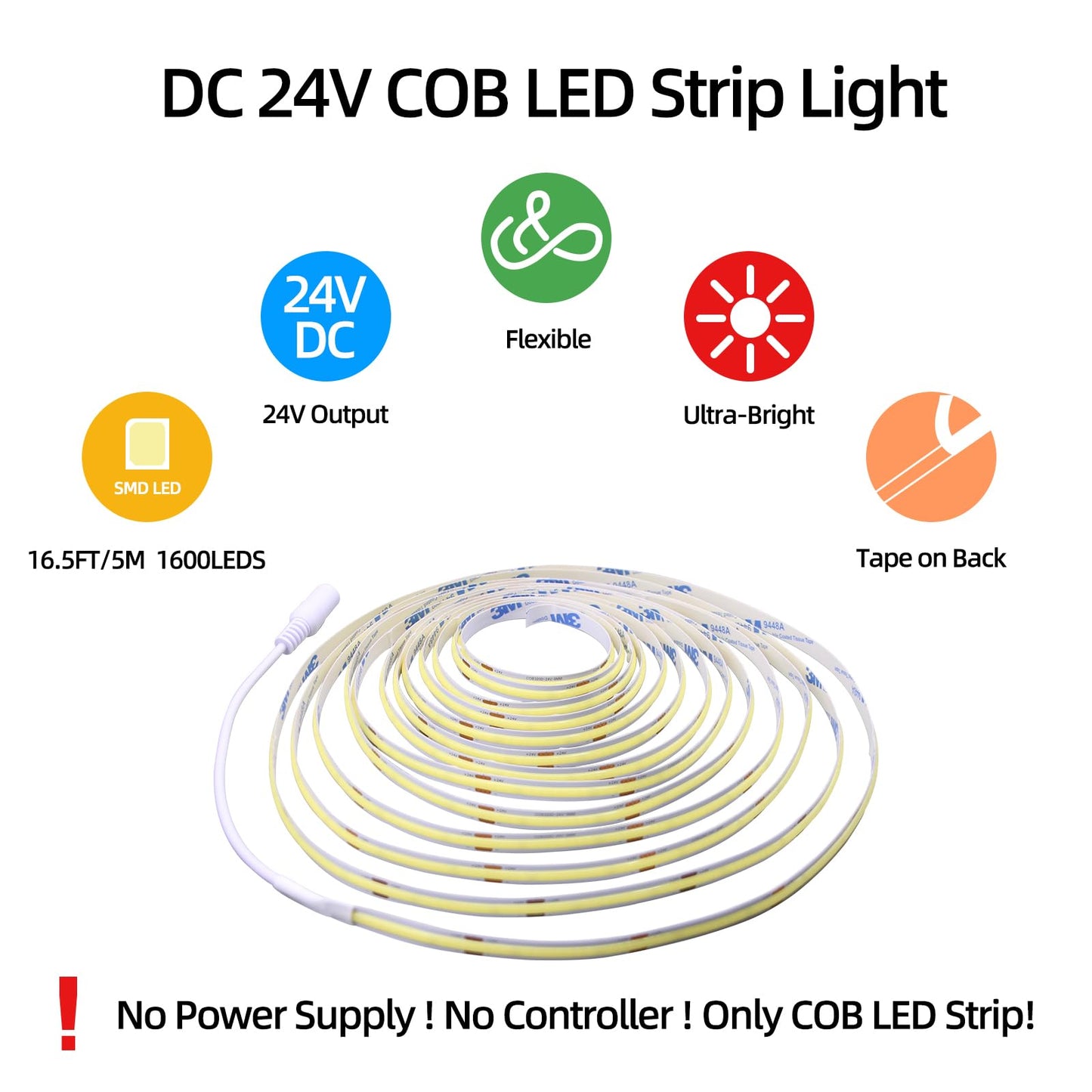 Led Strip Lights 24V Daylight White Led Cob 6000K Super Bright Led16.4Ft Dotless High Density Cuttable Flexible For Home Diy Commercial Lighting Projects 3 Pack (Power Supply & Dimmer Not Included)