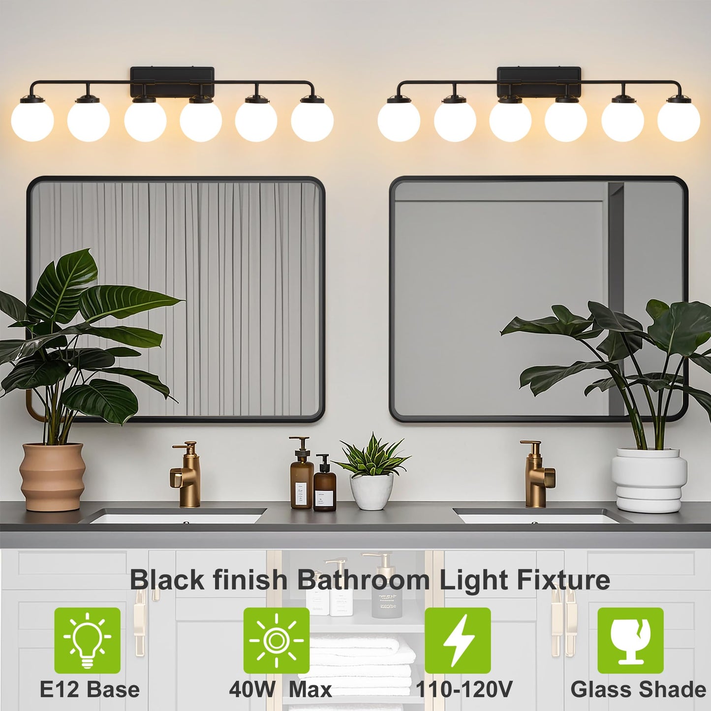 Deyidn Bathroom Light Fixtures Over Mirror  6-Light Matte Black Vanity Lighting With Milk White Glass Globe Shades Modern Wall Sconce