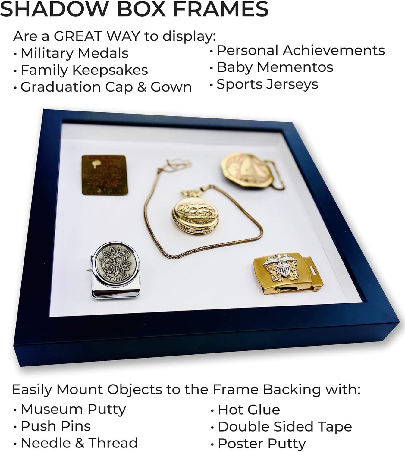 10x10 Shadow Box Black Solid Wood Display Frame with White Acid-Free Backing UV Acrylic & Hanging Hardware - with 3/4" Usable Depth